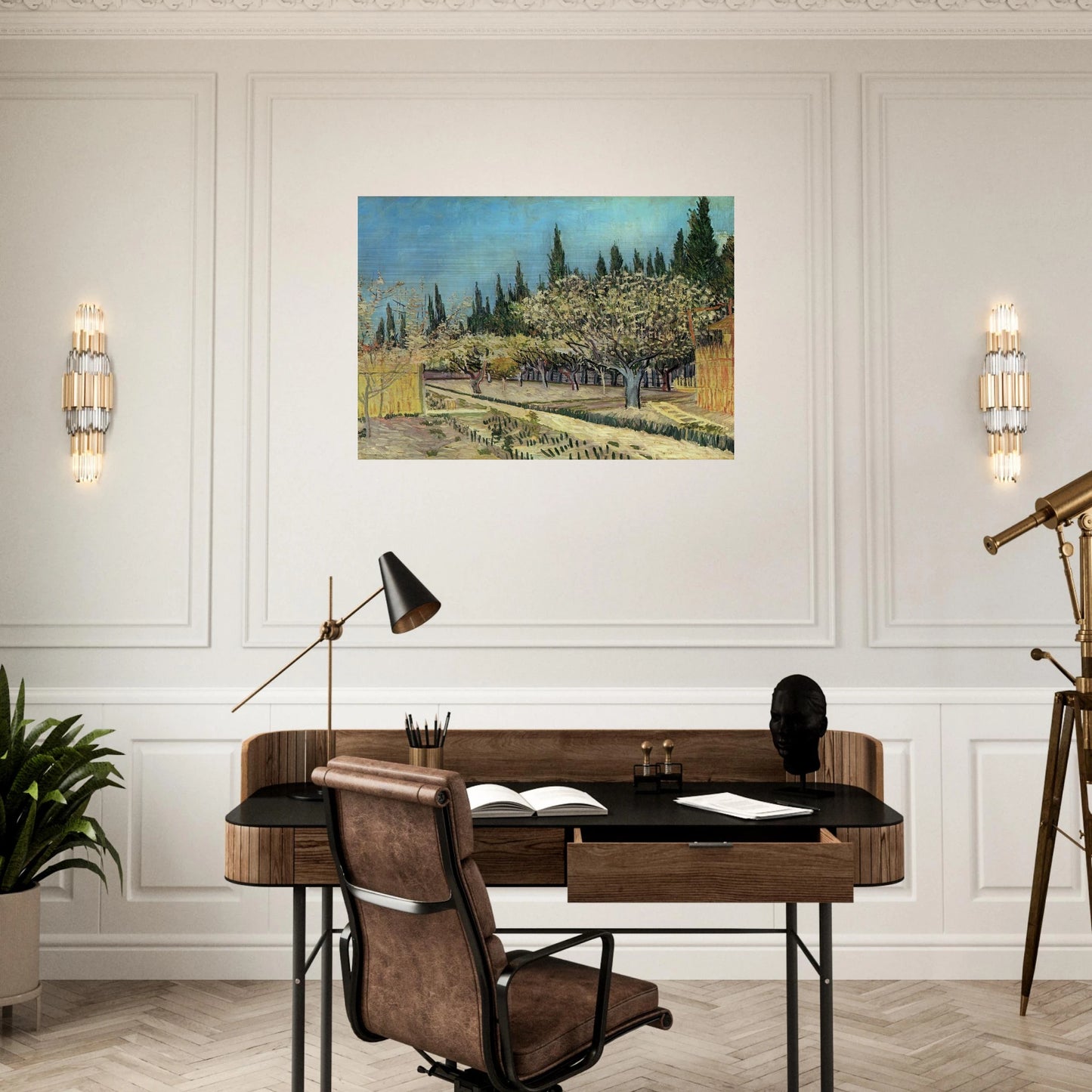 Orchard in Blossom, Bordered by Cypresses - Vincent van Gogh Brushed Aluminum Print - 70x100 cm / 28x40 inches | Vincent van Gogh Aluminum Print | Vincent van Gogh Prints