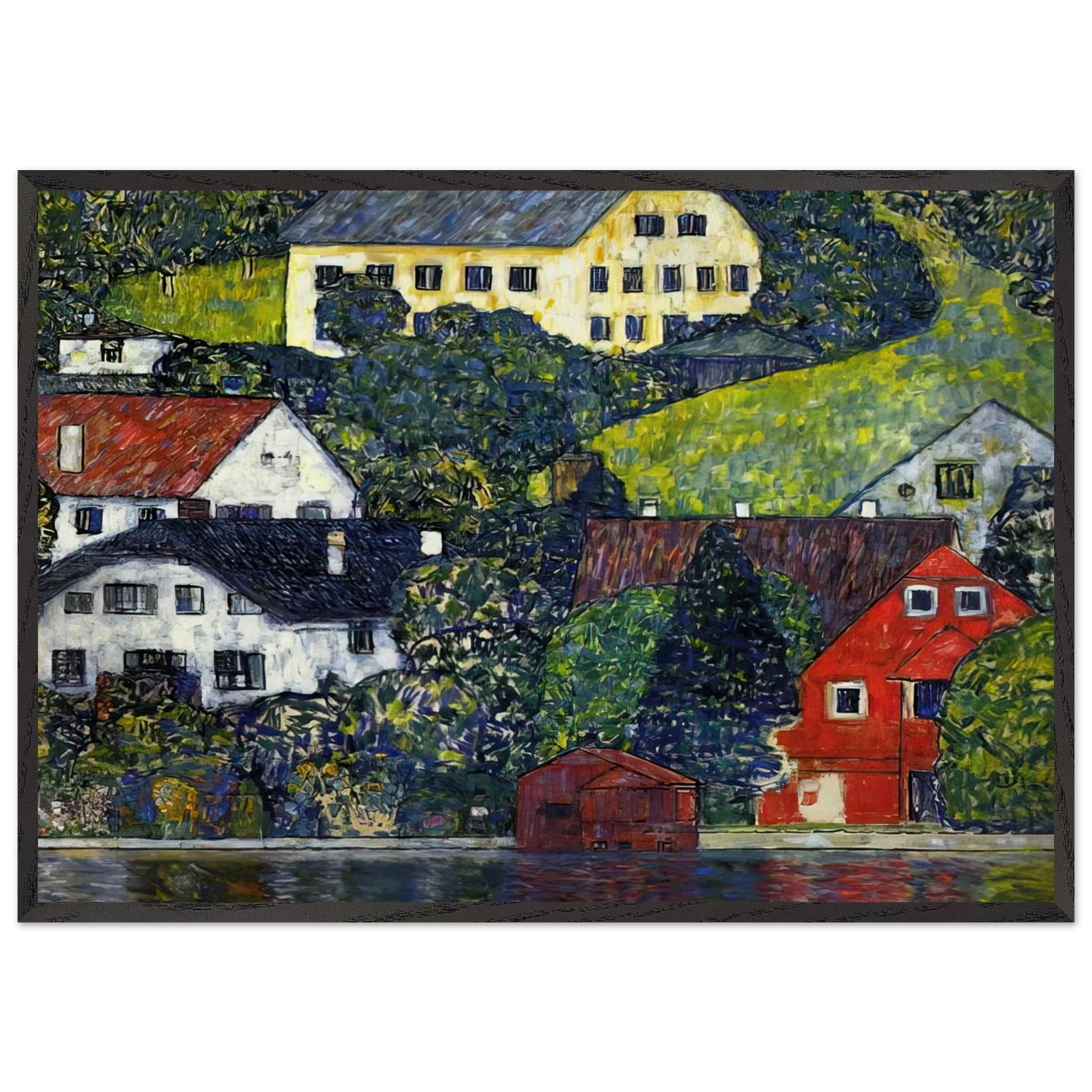 HOUSES AT UNTERACH ON THE ATTERSEE - Gustav Klimt 70x100 cm / 28x40 inches Framed Art Print – Black Wooden Frame