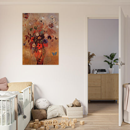 VASE WITH FLOWERS AND BUTTERFLIES - Odilon Redon Brushed Aluminum Print - 70x100 cm / 28x40 inches | Odilon Redon Aluminum Print | Odilon Redon Prints