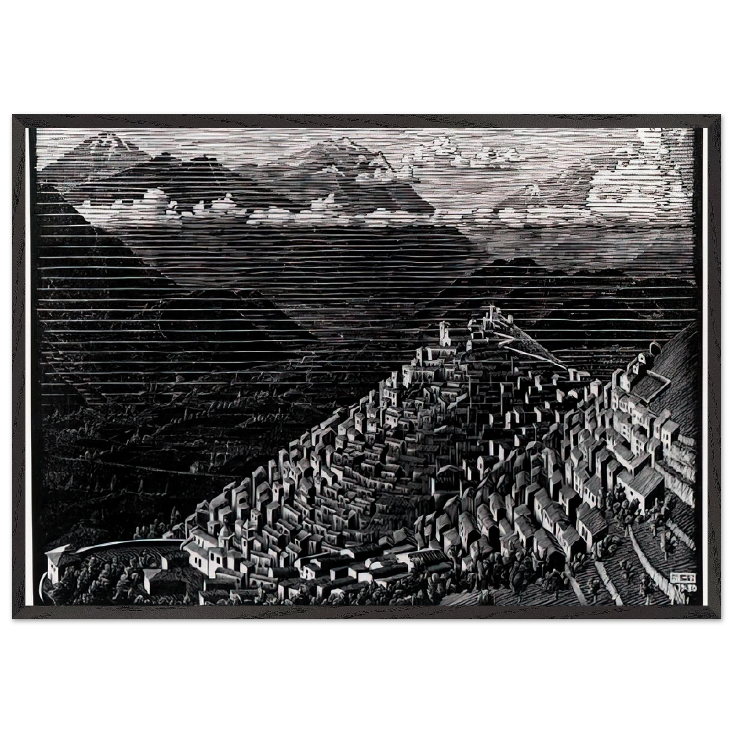 MORANO CALABRIA - MC Escher 70x100 cm / 28x40 inches Framed Art Print – Black Wooden Frame | Maurits Cornelis Escher Prints