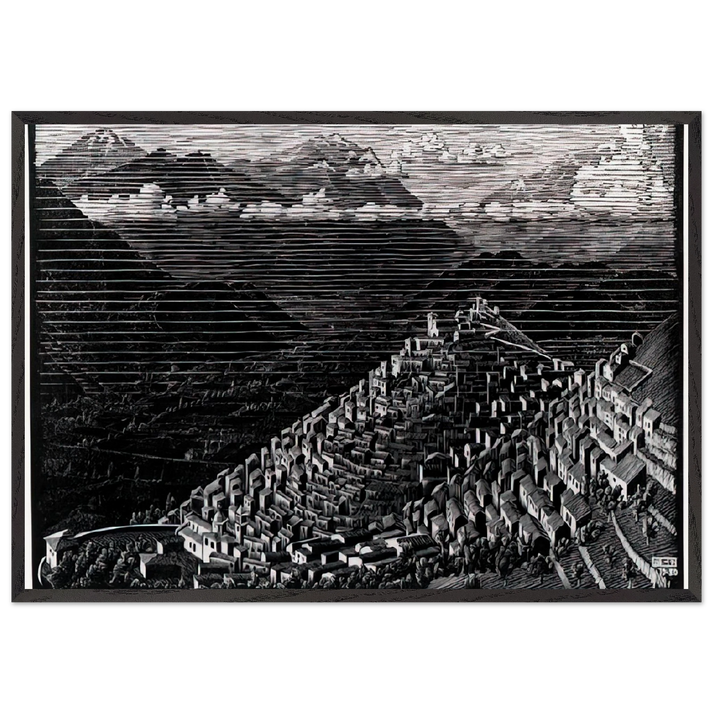 MORANO CALABRIA - MC Escher 70x100 cm / 28x40 inches Framed Art Print – Black Wooden Frame | Maurits Cornelis Escher Prints