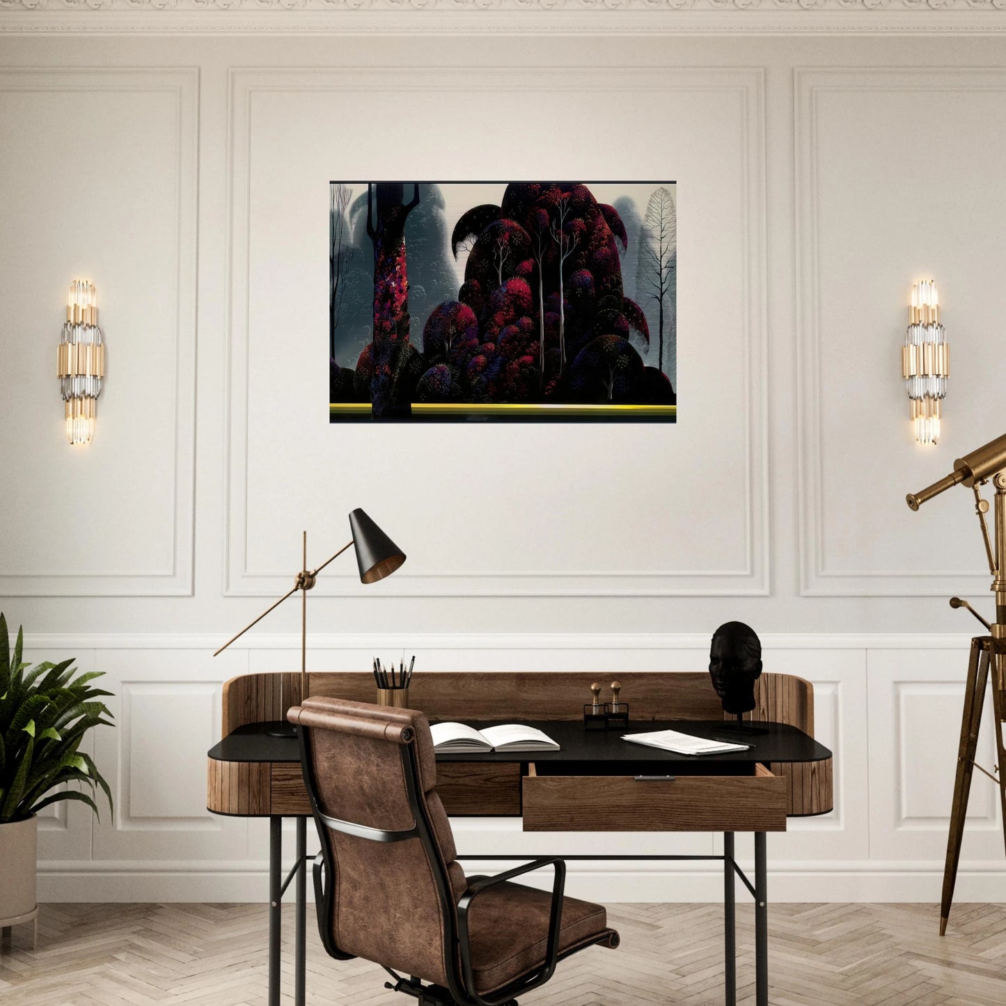 Crimson Eucalyptus - Eyvind Earle Brushed Aluminum Print - 70x100 cm / 28x40 inches | Eyvind Earle Aluminum Print | Eyvind Earle Prints