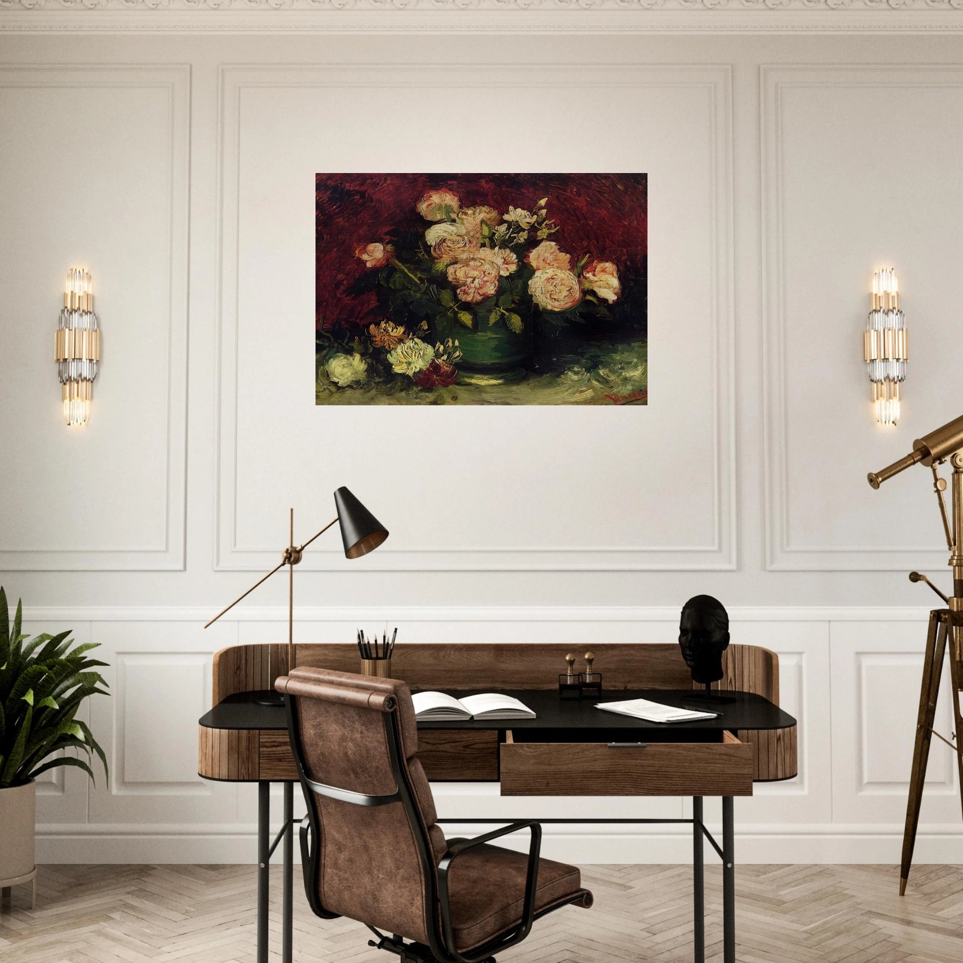 Bowl with Peonies and Roses - Vincent van Gogh Brushed Aluminum Print - 70x100 cm / 28x40 inches | Vincent van Gogh Aluminum Print | Vincent van Gogh Prints