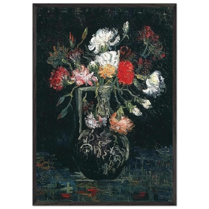 Vase with White and Red Carnations - Vincent van Gogh 70x100 cm / 28x40 inches Framed Art Print – Black Wooden Frame