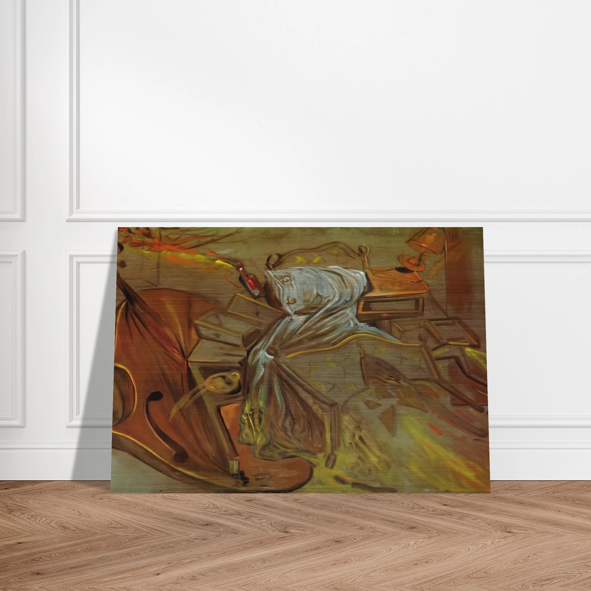BED AND TWO BEDSIDE TABLES FEROCIOUSLY ATTACKING A CELLO - Salvador Dali Brushed Aluminum Print - 70x100 cm / 28x40 inches | Salvador Dali Aluminum Print | Salvador Dali Prints