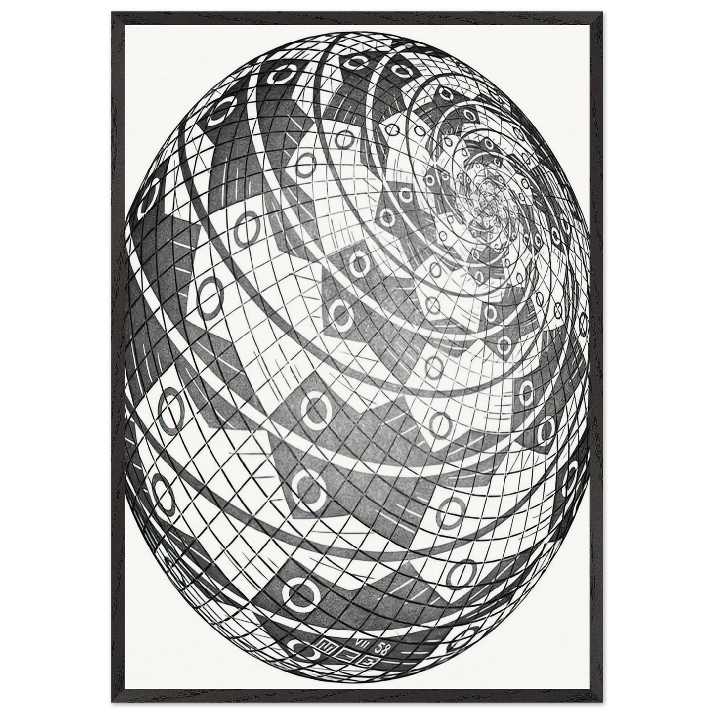 SPHERE SURFACE WITH FISHES - MC Escher 70x100 cm / 28x40 inches Framed Art Print – Black Wooden Frame | Maurits Cornelis Escher Prints