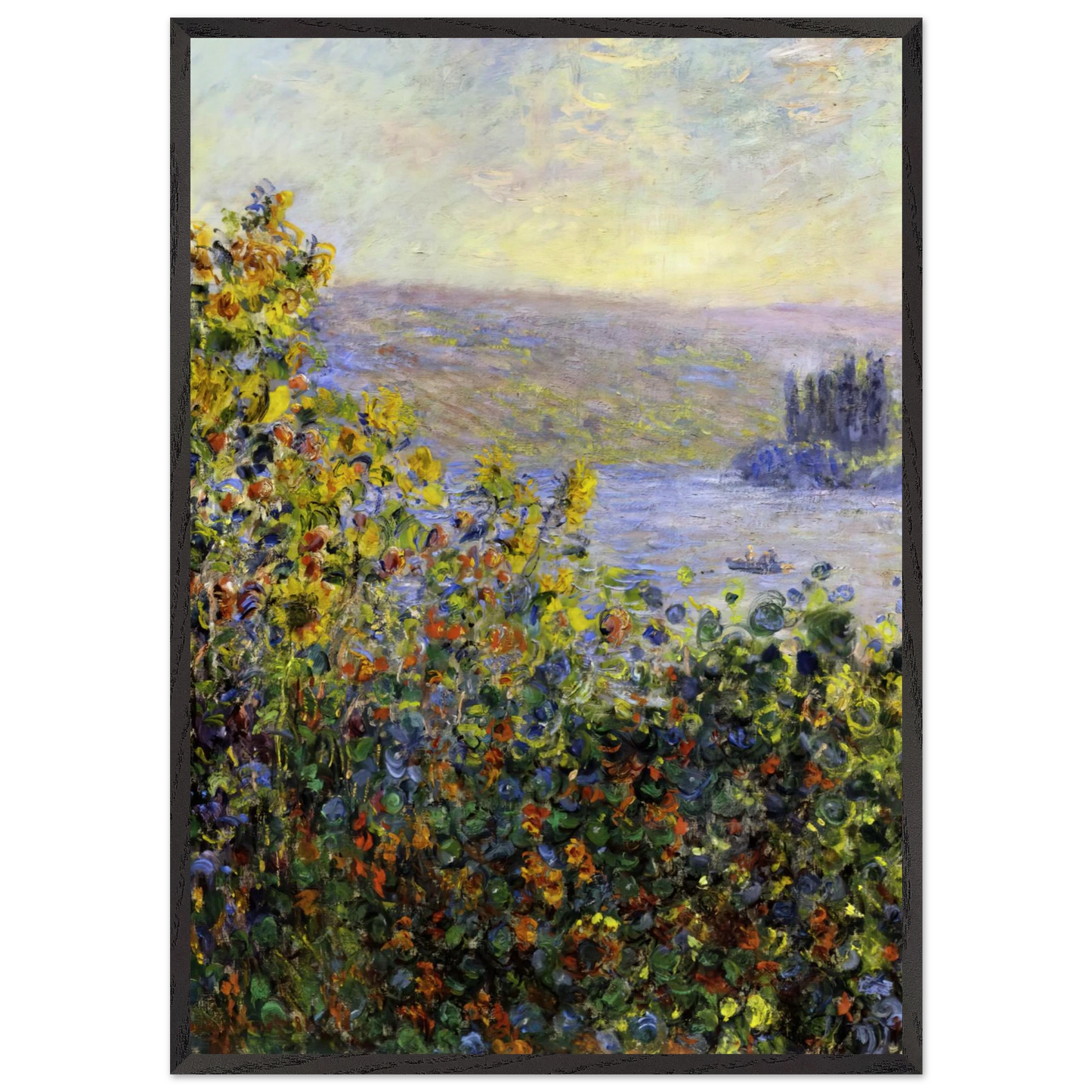 Flowers Beds at Vetheuil - claude monet 70x100 cm / 28x40 inches Framed Art Print – Black Wooden Frame
