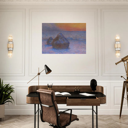 Stacks of Wheat Sunset, Snow Effect - claude monet Brushed Aluminum Print - 70x100 cm / 28x40 inches | claude monet Aluminum Print | claude monet Prints