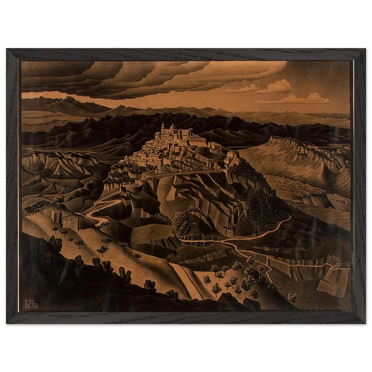 MC Escher - ITALIAN TOWN Wall Art - 30x40 cm / 12x16 inches - Premium Wooden Framed Poster With Fine Art Paper-canvas - White frame