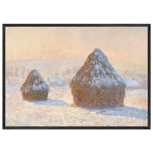 Wheatstacks Snow Effect Morning - claude monet 70x100 cm / 28x40 inches Framed Art Print – Black Wooden Frame