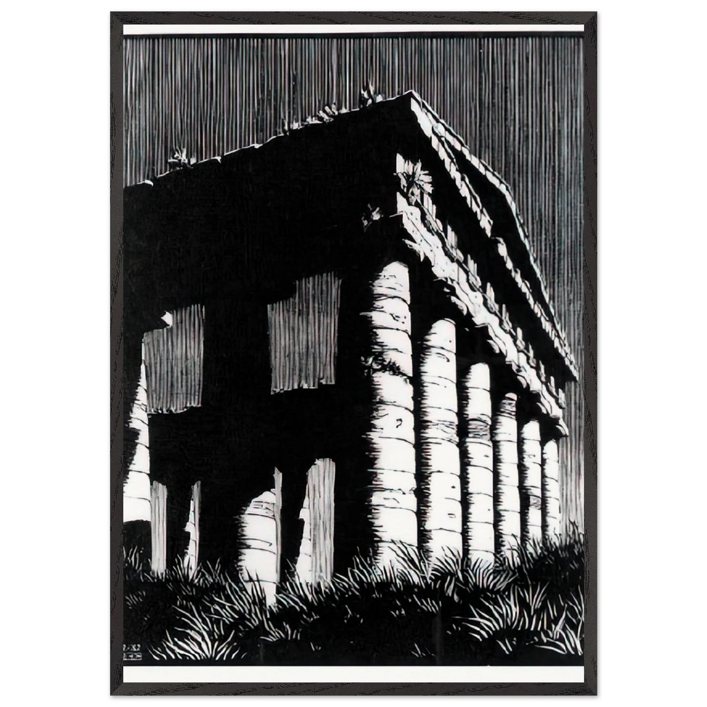TEMPLE OF SEGESTE SICILY - MC Escher 70x100 cm / 28x40 inches Framed Art Print – Black Wooden Frame | Maurits Cornelis Escher Prints