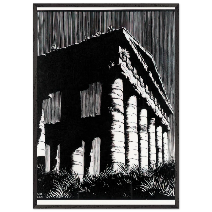 TEMPLE OF SEGESTE SICILY - MC Escher 70x100 cm / 28x40 inches Framed Art Print – Black Wooden Frame | Maurits Cornelis Escher Prints
