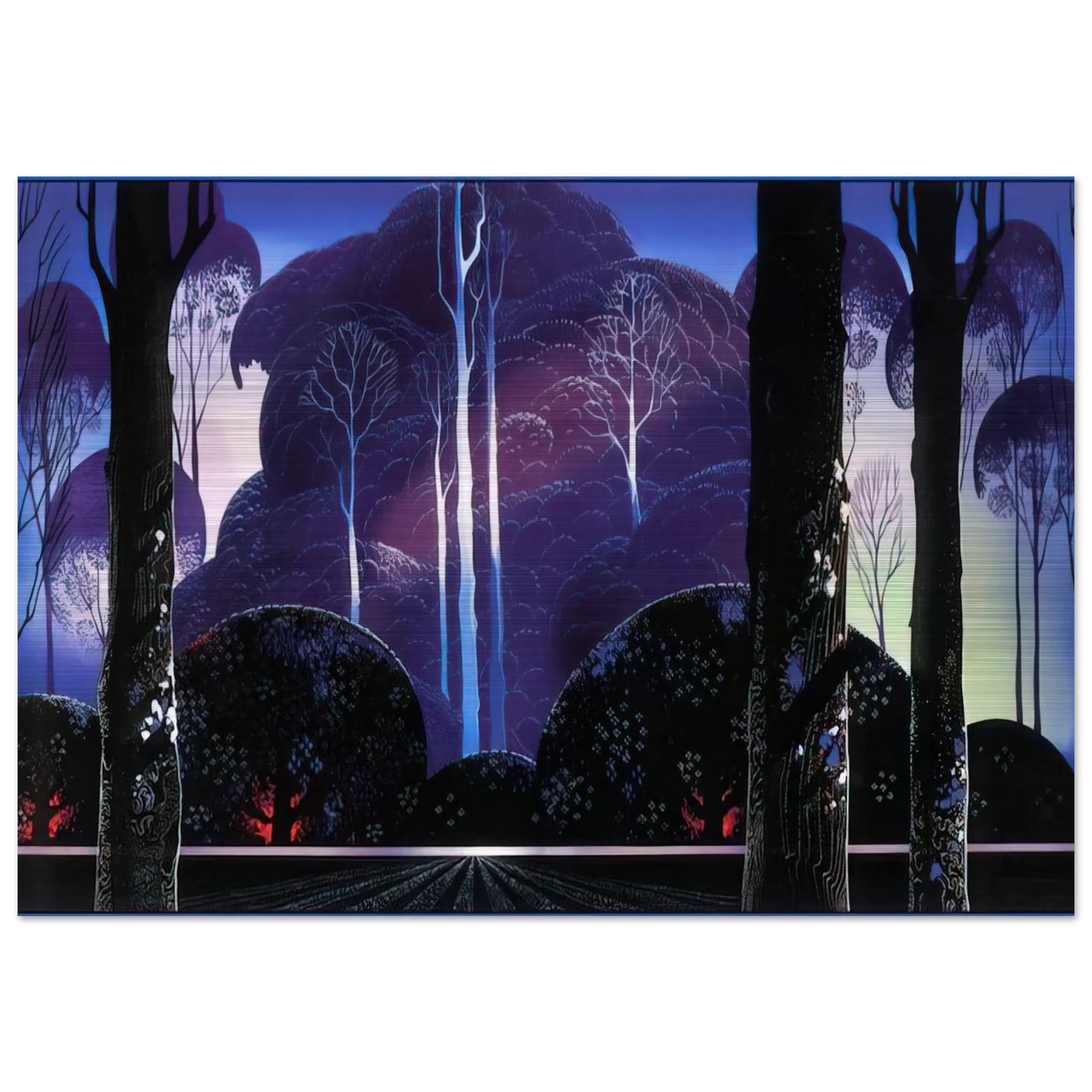 Purple Sunrise - Eyvind Earle Brushed Aluminum Print - 70x100 cm / 28x40 inches | Eyvind Earle Aluminum Print | Eyvind Earle Prints