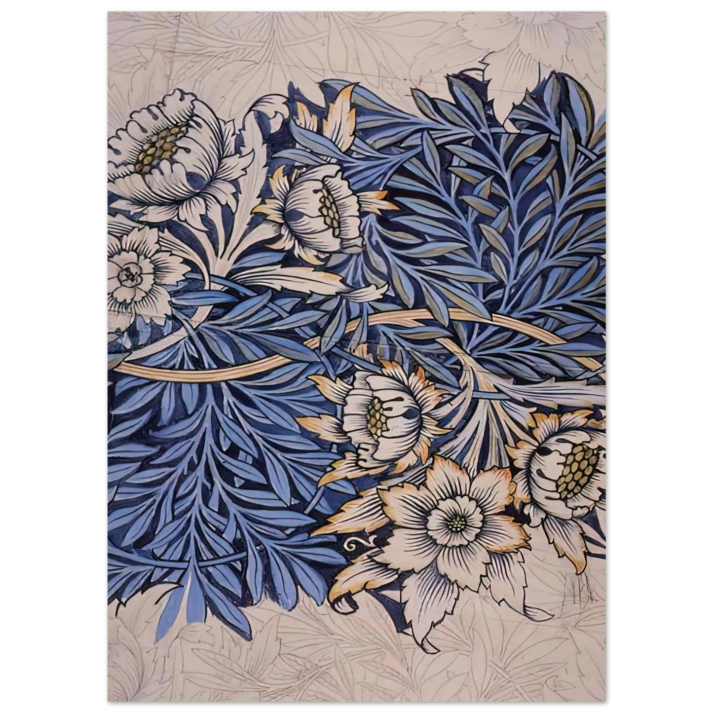 William Morris - DESIGN FOR TULIP AND WILLOW INDIGO DISCHARGE WOOD BLOCK PRINTED FABRIC 1873 Fine Art Poster