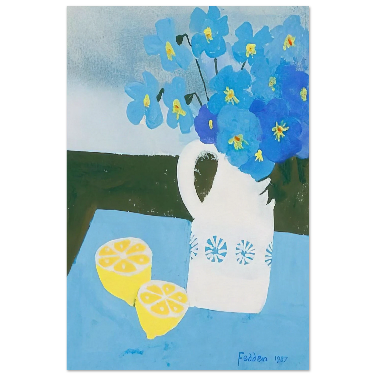 Flowers in a vase with lemon - 1987 - Mary Fedden Art Prints - 100x150 cm / 40x60″ inches | Mary Fedden Poster | Mary Fedden Prints