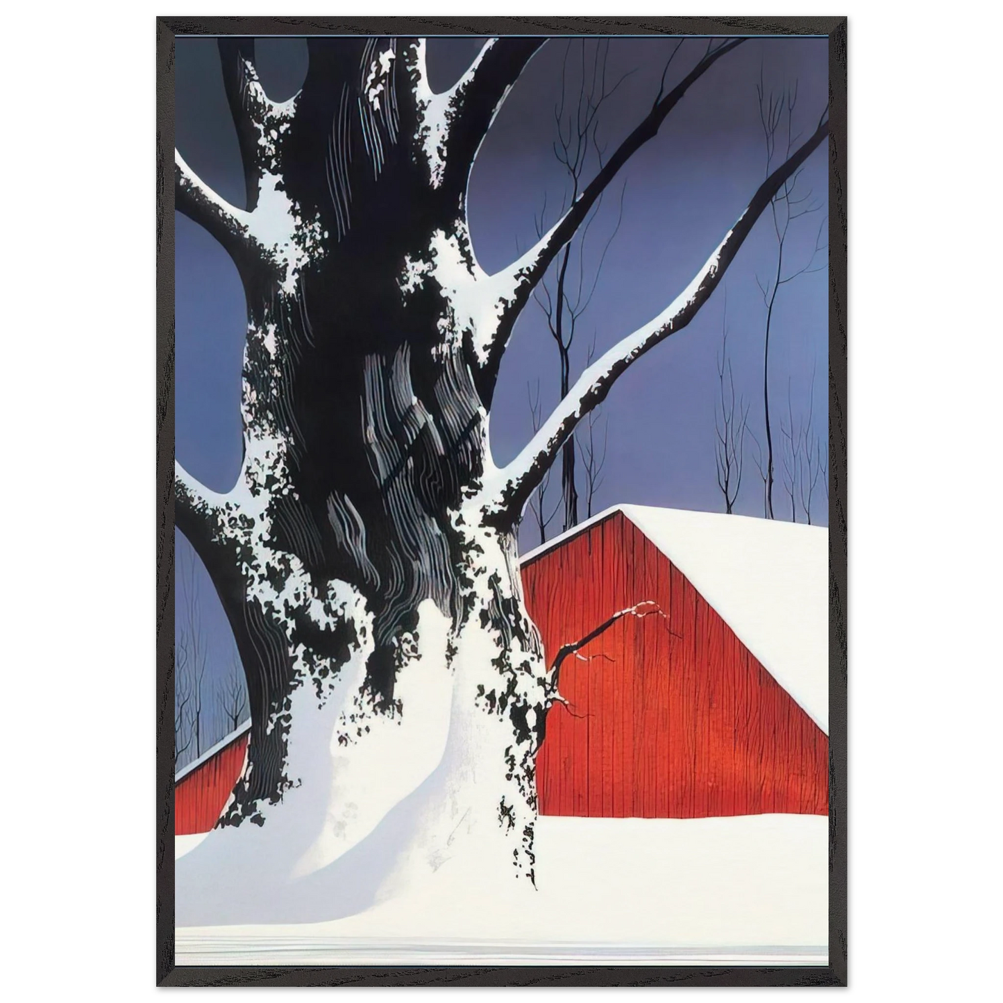 Red Barn and Tree Snow - Eyvind Earle 70x100 cm / 28x40 inches Framed Art Print – Black Wooden Frame