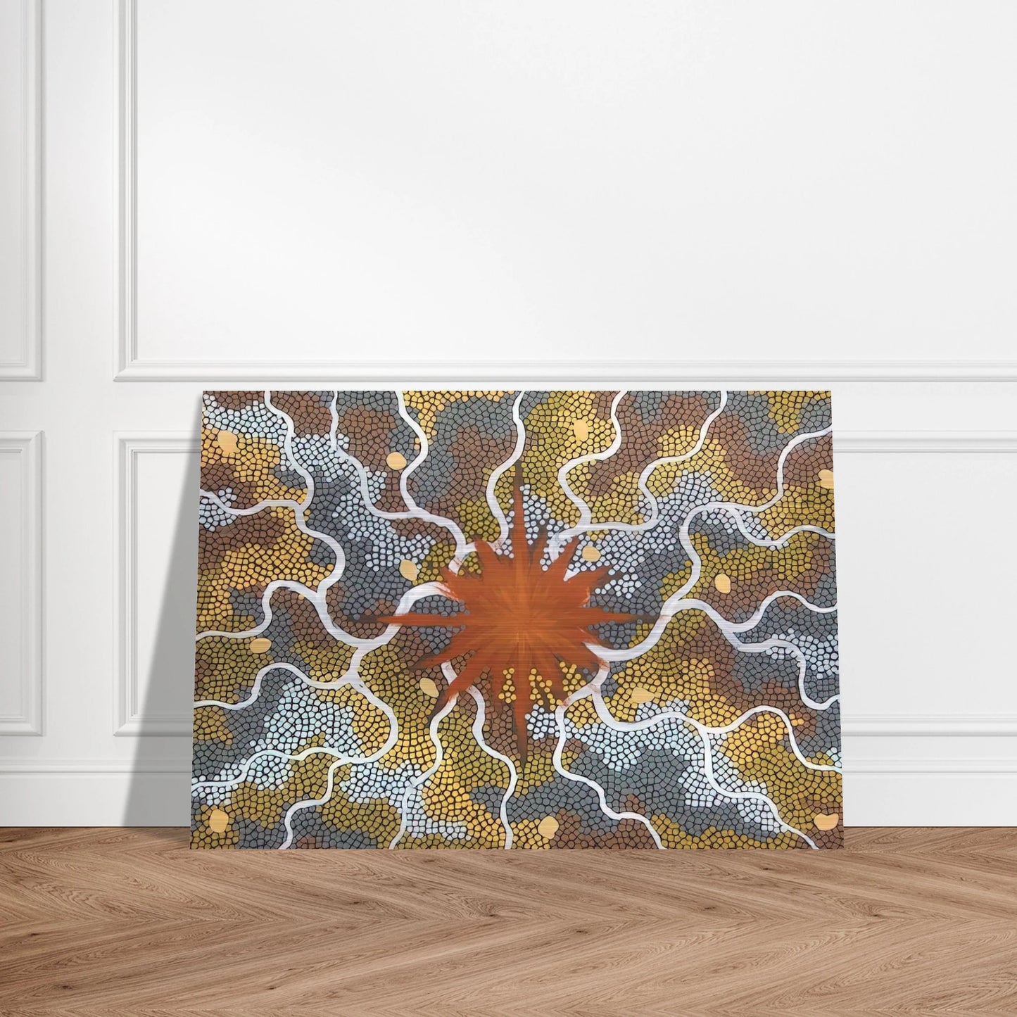 Creation, Lightning Dreaming - 1993 - Clifford Possum Tjapaltjarri Brushed Aluminum Print - 70x100 cm / 28x40 inches | Clifford Possum Tjapaltjarri Aluminum Print | Clifford Possum Tjapaltjarri Prints