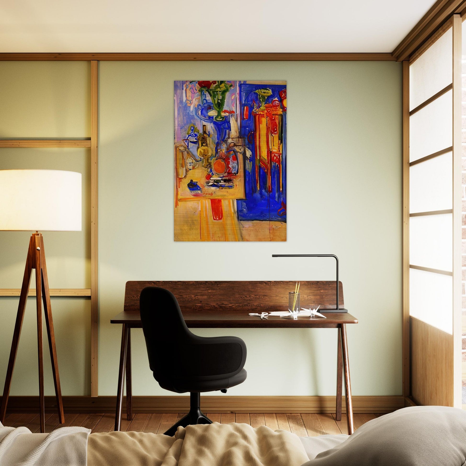 Table with Teakettle, Green Vase and Red Flowers - Hans Hofmann Brushed Aluminum Print - 70x100 cm / 28x40 inches | Hans Hofmann Aluminum Print | Hans Hofmann Prints