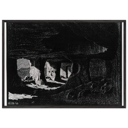 CAVE DWELLINGS NEAR SPERLINGA SICILY - MC Escher 70x100 cm / 28x40 inches Framed Art Print – Black Wooden Frame | Maurits Cornelis Escher Prints
