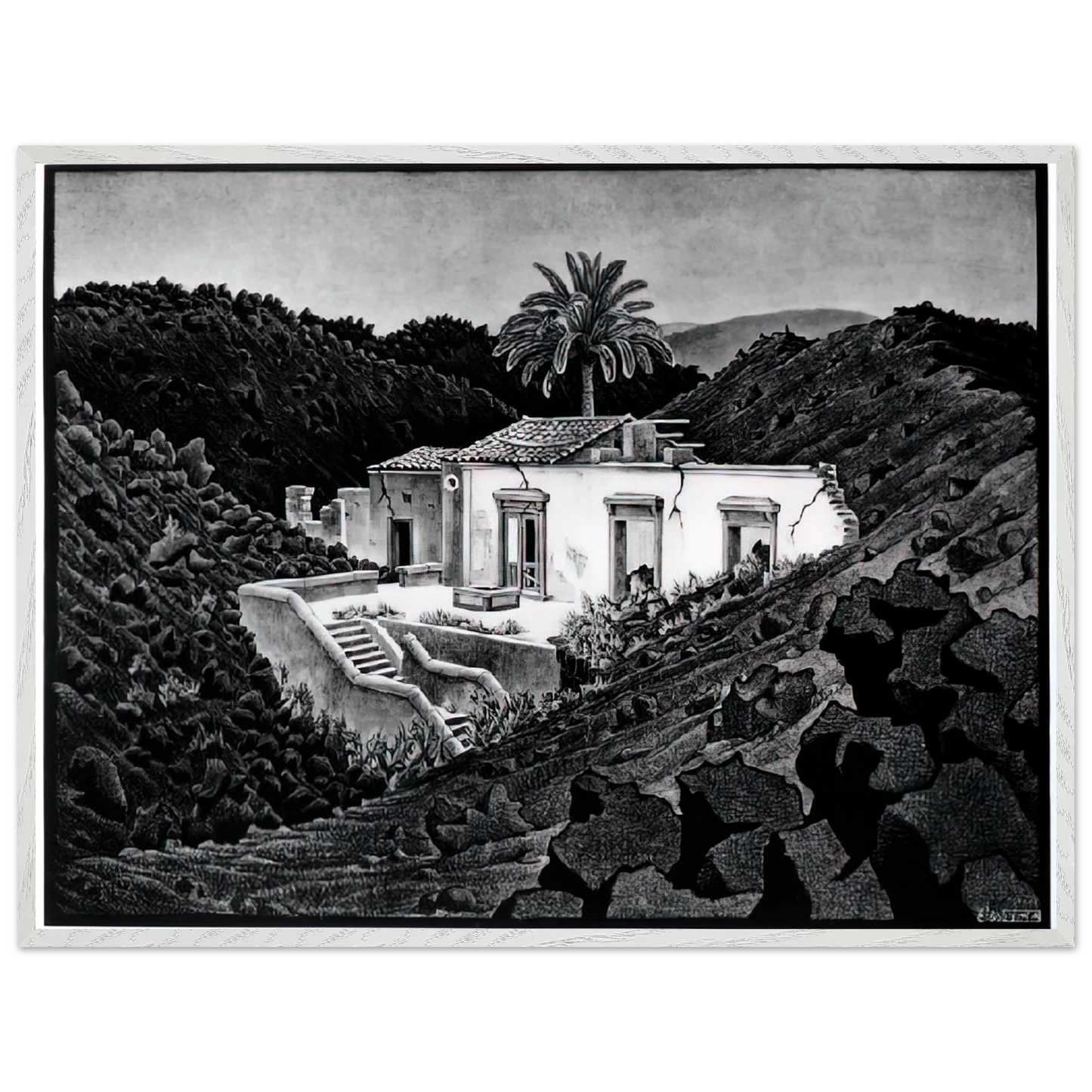 MC Escher - HOUSE IN THE LAVA NEAR NUNZIATA Wall Art - 21x29.7 cm / 8x12" - Premium Wooden Framed Poster With Fine Art Paper-canvas - Black frame