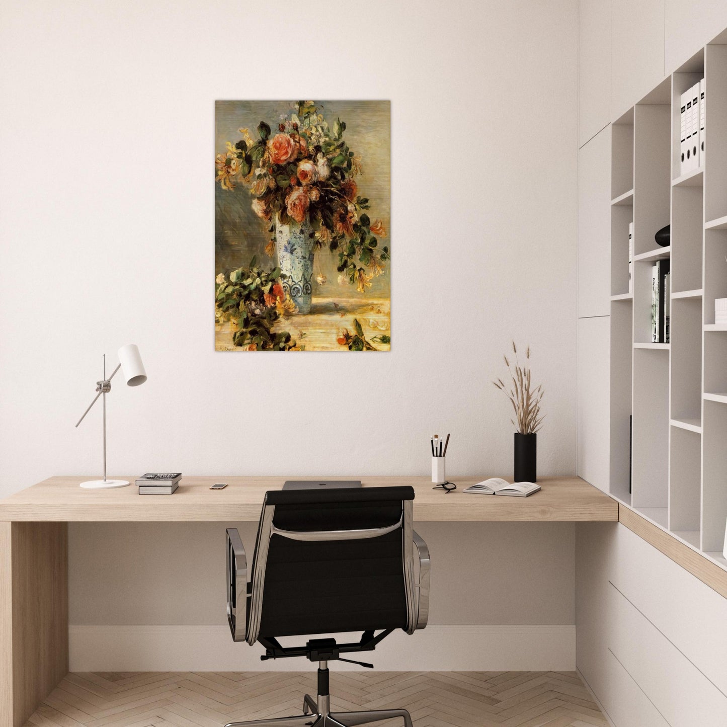 Roses and Jasmine in a Delft Vase - Pierre-Auguste Renoir Brushed Aluminum Print - 70x100 cm / 28x40 inches | Pierre-Auguste Renoir Aluminum Print | Pierre-Auguste Renoir Prints