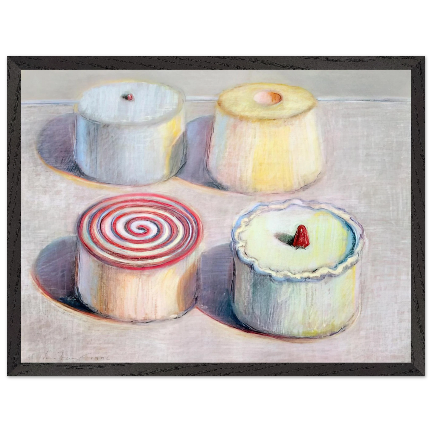 Wayne Thiebaud - Four Cakes - 1996 Wall Art - 30x40 cm / 12x16 inches - Premium Wooden Framed Poster With Fine Art Paper - Wood frame