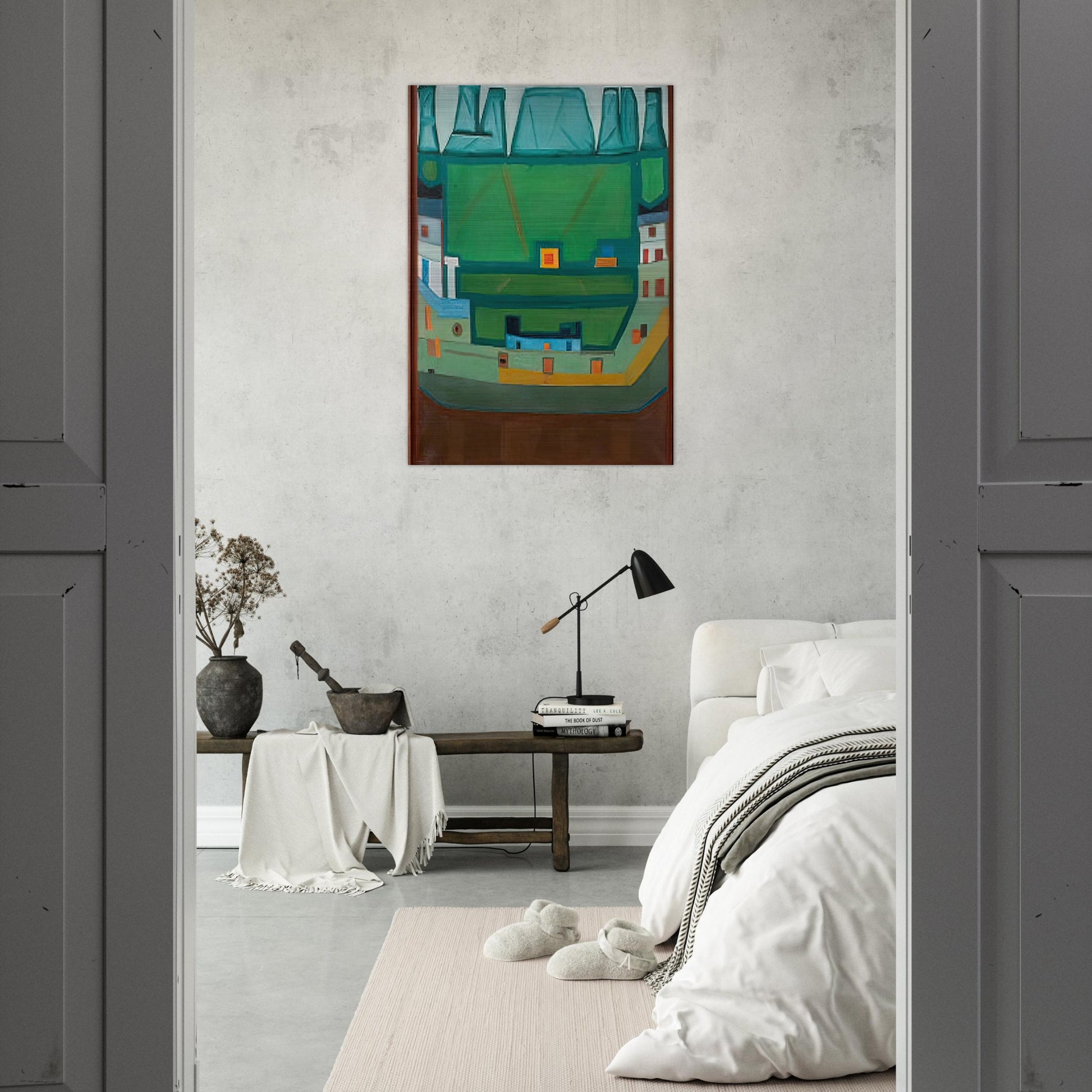 CITY AT THE FOOT OF THE MOUNTAINS LANDSCAPE - Jerzy Nowosielski Brushed Aluminum Print - 70x100 cm / 28x40 inches | Jerzy Nowosielski Aluminum Print | Jerzy Nowosielski Prints