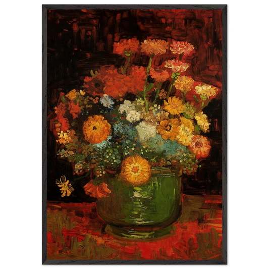 Vase with Zinnias - Vincent van Gogh 70x100 cm / 28x40 inches Framed Art Print – Black Wooden Frame