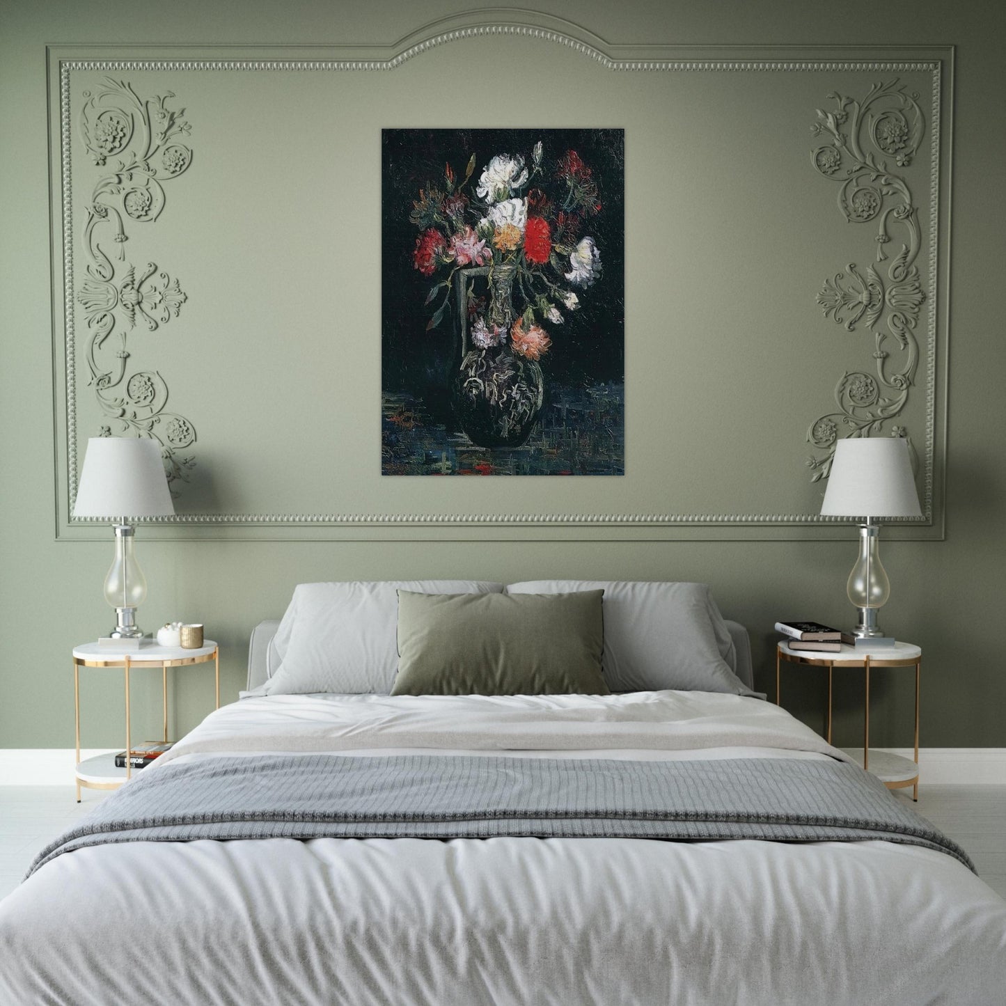 Vase with White and Red Carnations - Vincent van Gogh Brushed Aluminum Print - 70x100 cm / 28x40 inches | Vincent van Gogh Aluminum Print | Vincent van Gogh Prints