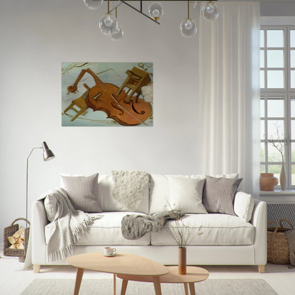 BED CHAIR AND BEDSIDE TABLE FEROCIOUSLY ATTACKING A CELLO - Salvador Dali Brushed Aluminum Print - 70x100 cm / 28x40 inches | Salvador Dali Aluminum Print | Salvador Dali Prints