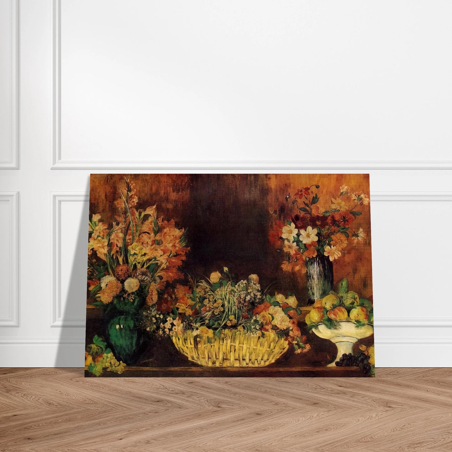 Vase, Basket of Flowers and Fruit - Pierre-Auguste Renoir Brushed Aluminum Print - 70x100 cm / 28x40 inches | Pierre-Auguste Renoir Aluminum Print | Pierre-Auguste Renoir Prints