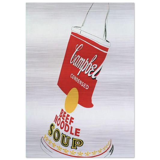 Crushed Campbell's Soup Can  Beef Noodle  - Andy Warhol Brushed Aluminum Print - 70x100 cm / 28x40 inches | Andy Warhol Aluminum Print | Andy Warhol Prints