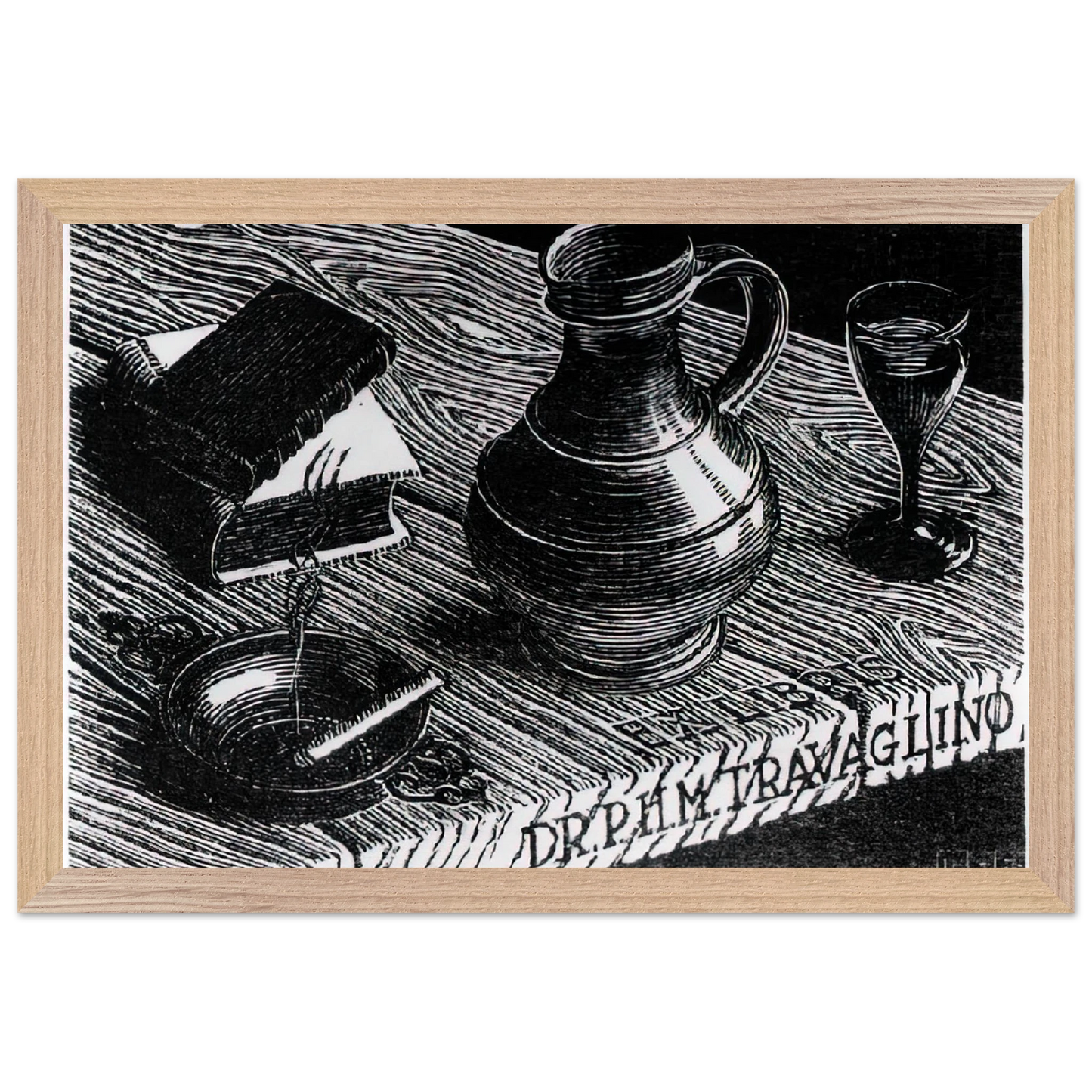 MC Escher - BOOKPLATE DR P H M TRAVAGLINO Wall Art - 21x29.7 cm / 8x12" - Premium Wooden Framed Poster With Fine Art Paper-canvas - Black frame