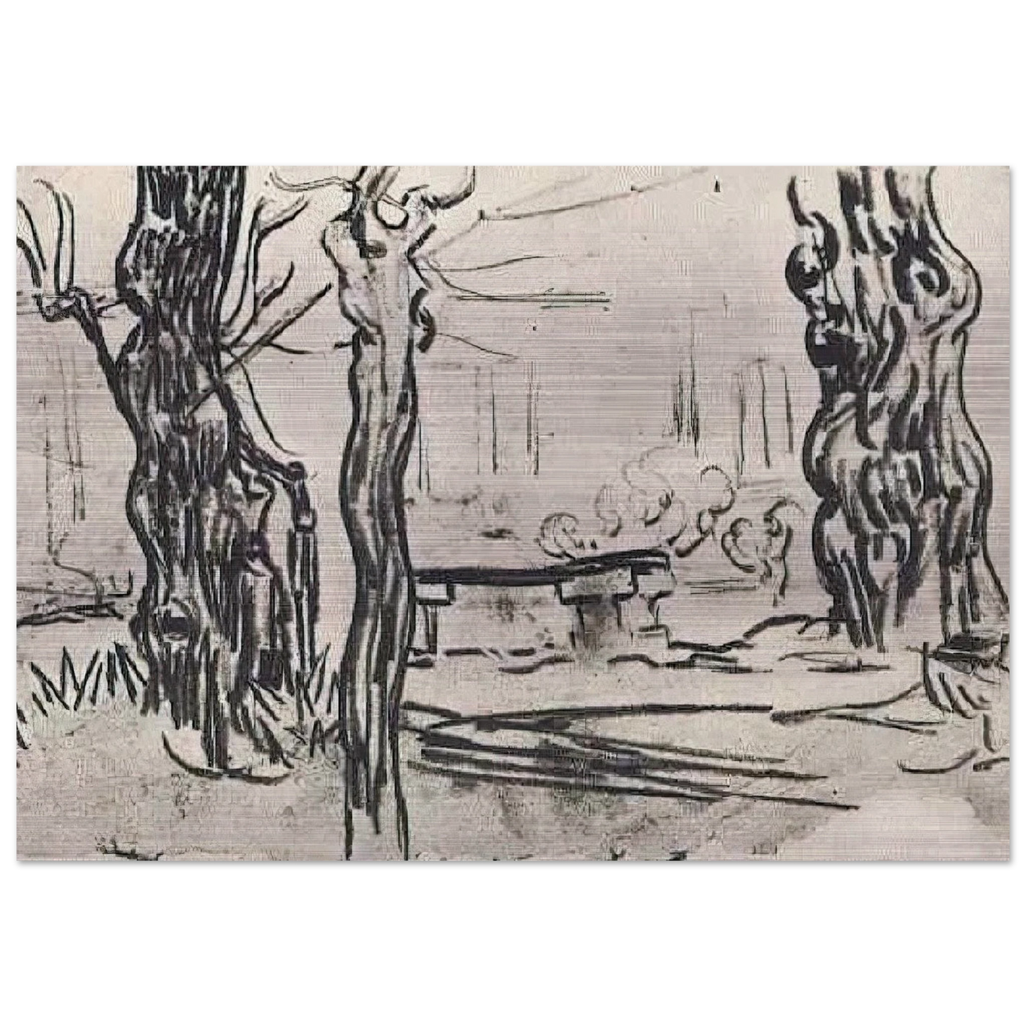 Garden of the Asylum and Tree Trunks and a Stone Bench - Vincent van Gogh Brushed Aluminum Print - 70x100 cm / 28x40 inches | Vincent van Gogh Aluminum Print | Vincent van Gogh Prints