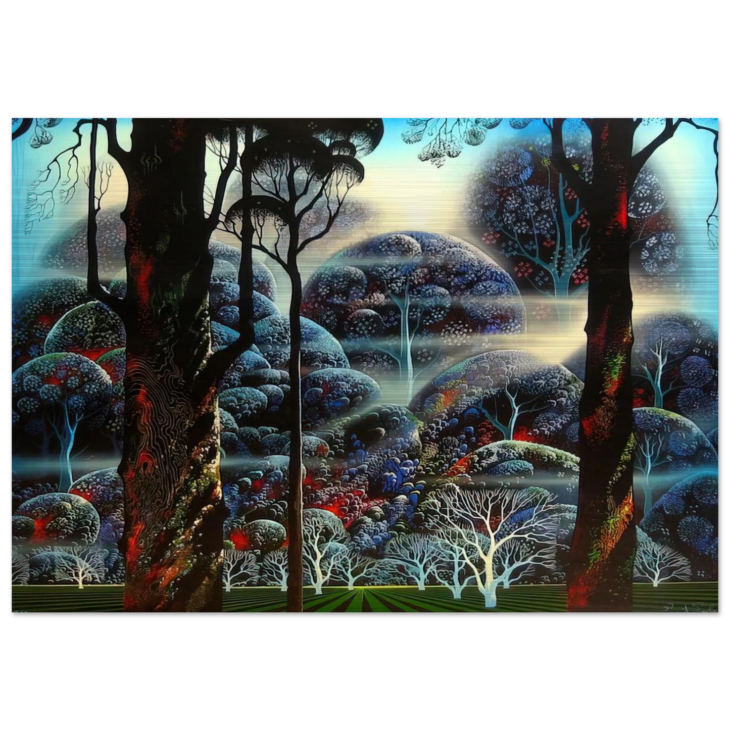Mist in the Dark Woods - Eyvind Earle Brushed Aluminum Print - 70x100 cm / 28x40 inches | Eyvind Earle Aluminum Print | Eyvind Earle Prints