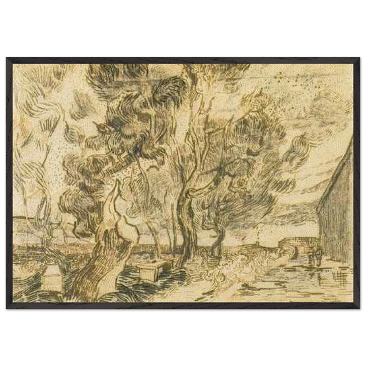 A Corner of the Asylum and the Garden with a Heavy sawn-off Tree - Vincent van Gogh 70x100 cm / 28x40 inches Framed Art Print – Black Wooden Frame
