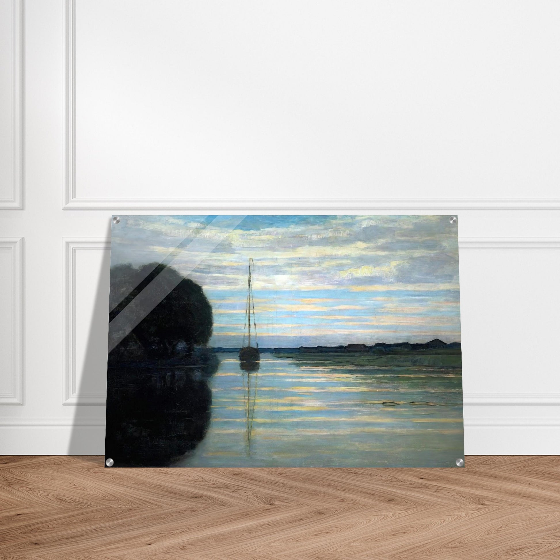 River view with a boat Sun - Piet Mondrian Acrylic Print - 70x100 cm / 28x40″ inches | Piet Mondrian Wall Art | Piet Mondrian Prints