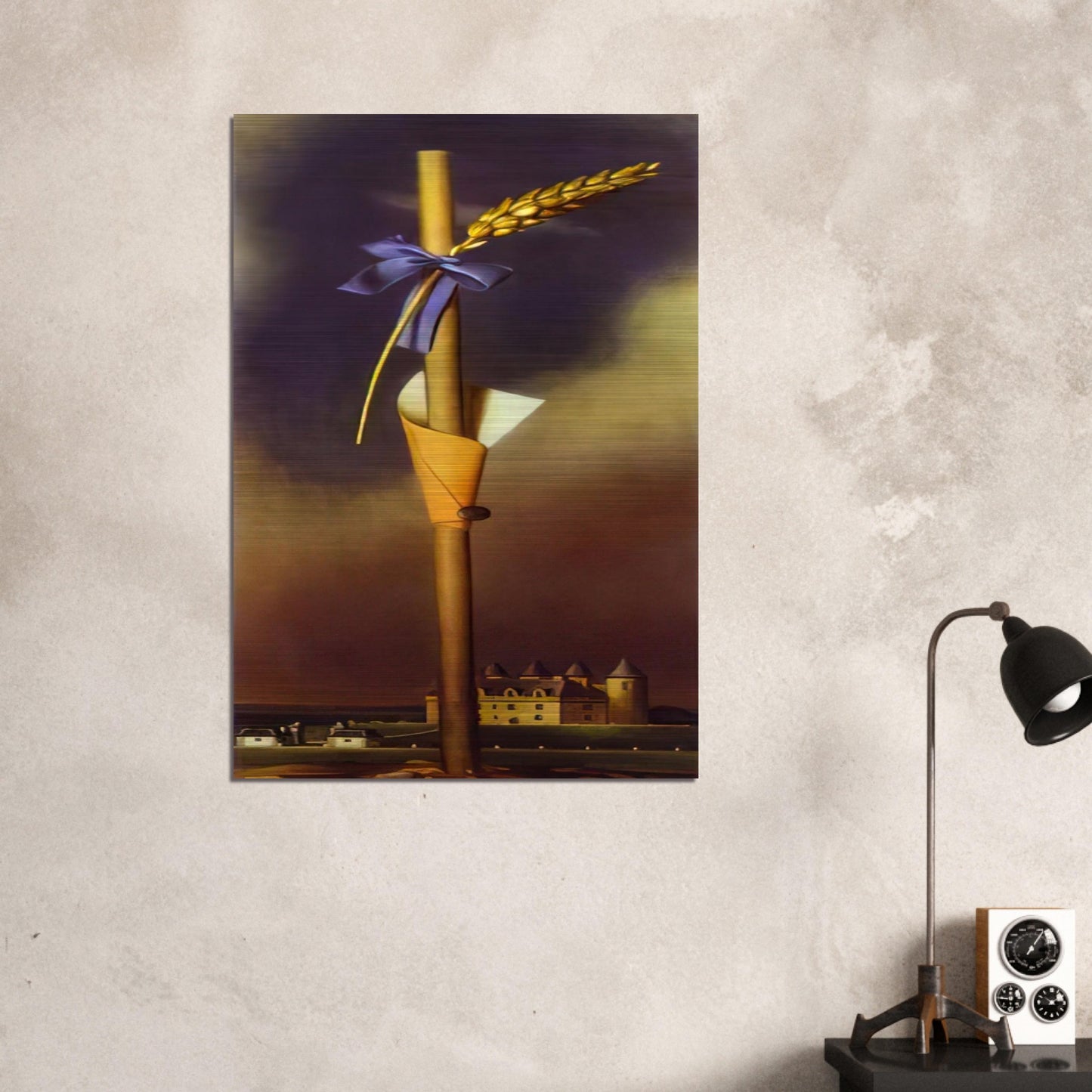 BLUE KNOT AND EAR OF WHEAT NEXT TO THE CASTLE - Salvador Dali Brushed Aluminum Print - 70x100 cm / 28x40 inches | Salvador Dali Aluminum Print | Salvador Dali Prints