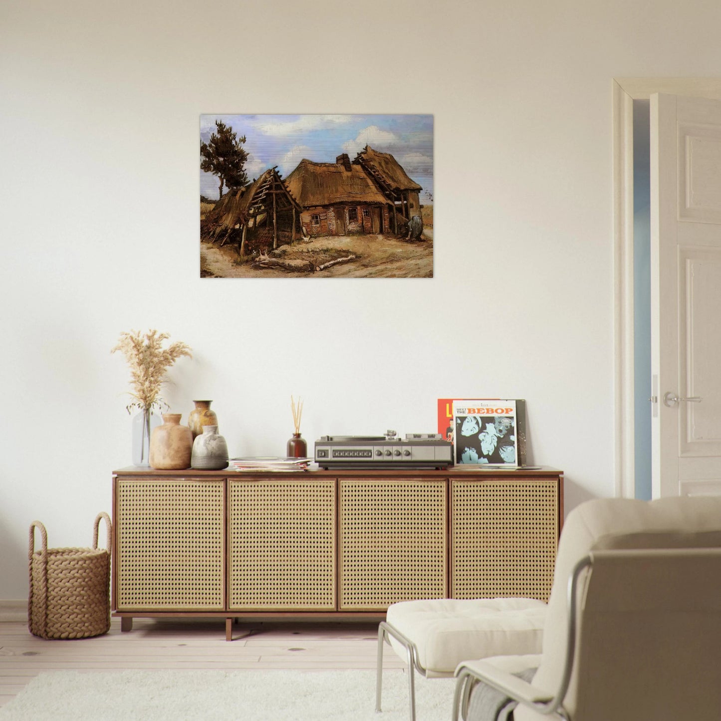 Cottage with Decrepit Barn and Stooping Woman - Vincent van Gogh Brushed Aluminum Print - 70x100 cm / 28x40 inches | Vincent van Gogh Aluminum Print | Vincent van Gogh Prints