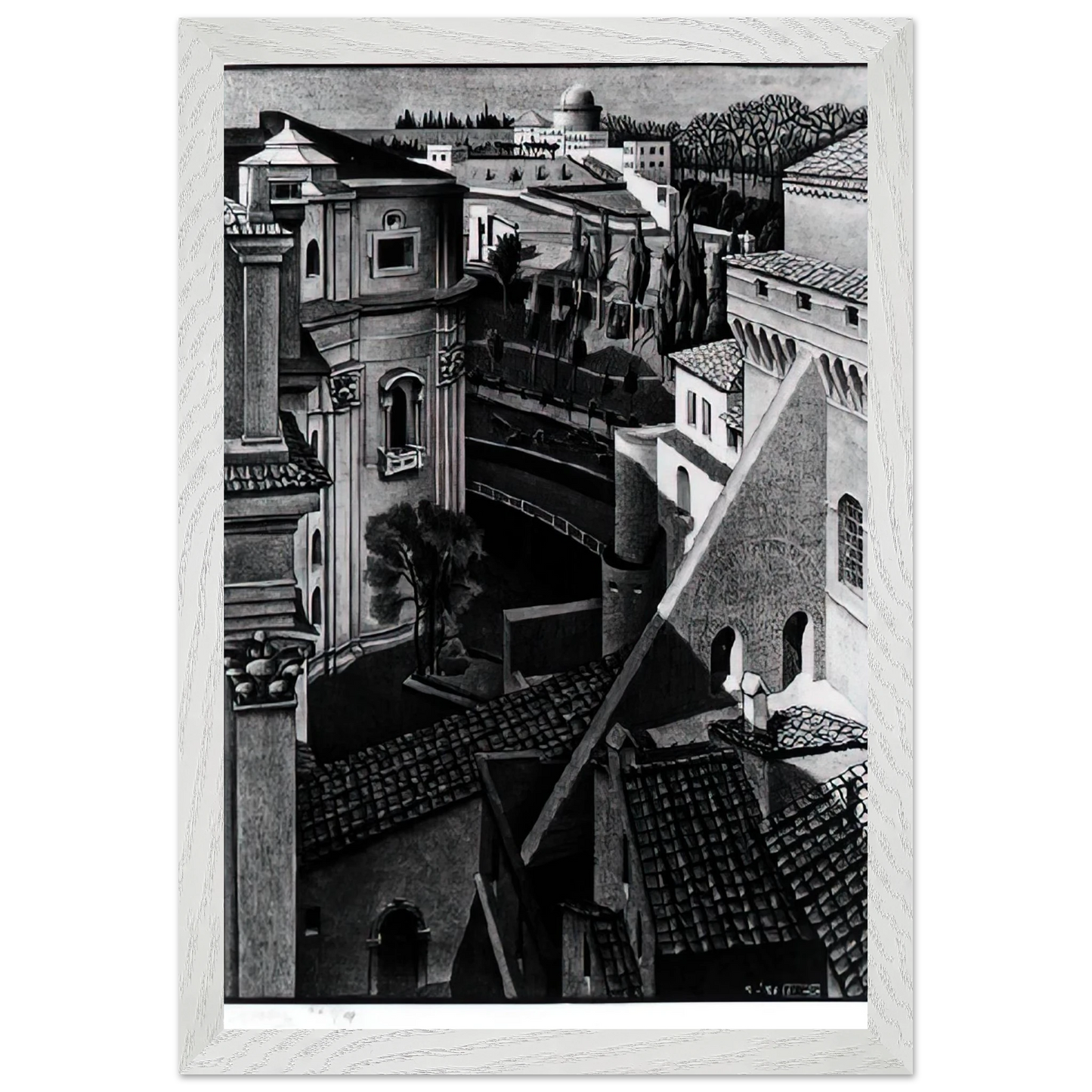 MC Escher - BERWEEN ST PETER AND SISTINE CHAPEL MARCH 1936 1936 Wall Art - 30x40 cm / 12x16 inches - Premium Wooden Framed Poster With Fine Art Paper-canvas - White frame