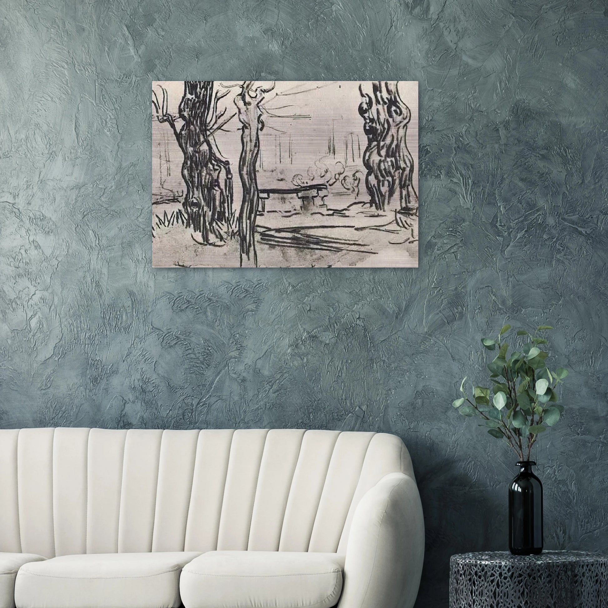 Garden of the Asylum and Tree Trunks and a Stone Bench - Vincent van Gogh Brushed Aluminum Print - 70x100 cm / 28x40 inches | Vincent van Gogh Aluminum Print | Vincent van Gogh Prints