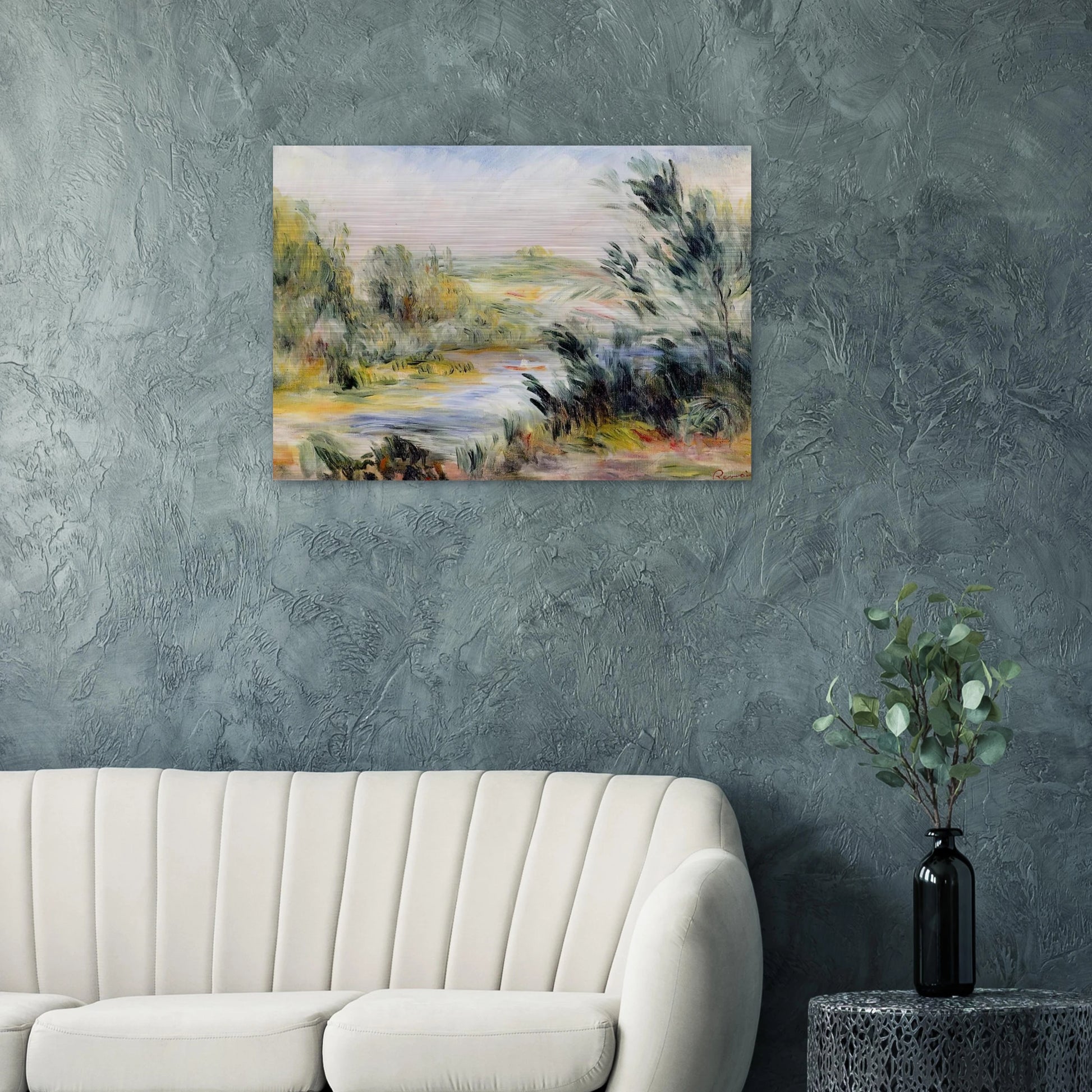 The Banks of a River, Rower in a Boat - Pierre-Auguste Renoir Brushed Aluminum Print - 70x100 cm / 28x40 inches | Pierre-Auguste Renoir Aluminum Print | Pierre-Auguste Renoir Prints