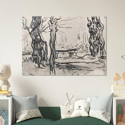 Garden of the Asylum and Tree Trunks and a Stone Bench - Vincent van Gogh Acrylic Print - 70x100 cm / 28x40″ inches | Vincent van Gogh Wall Art | Vincent van Gogh Prints
