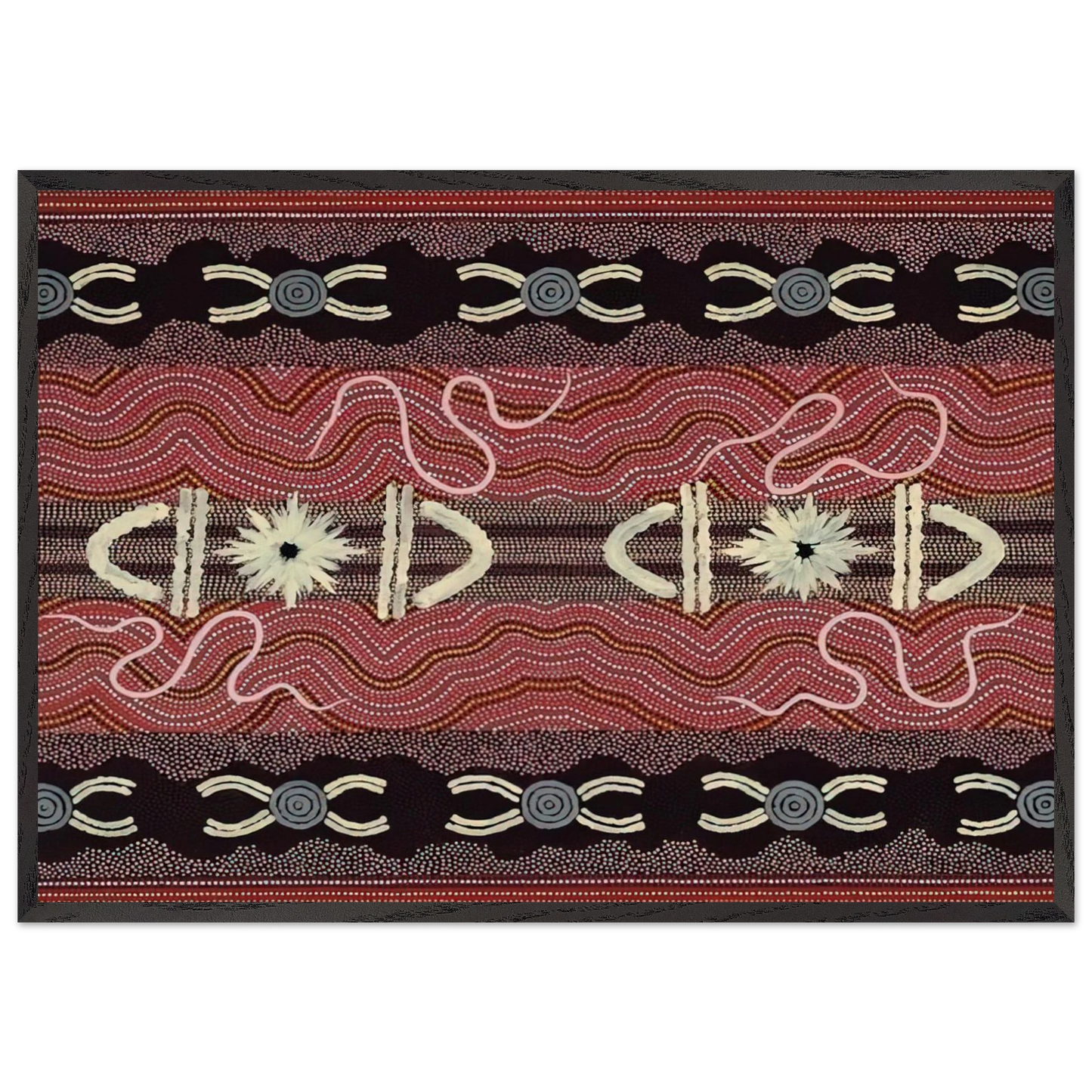 Mens Initiation Spider Dreaming - 1999 - Clifford Possum Tjapaltjarri 70x100 cm / 28x40 inches Framed Art Print – Black Wooden Frame