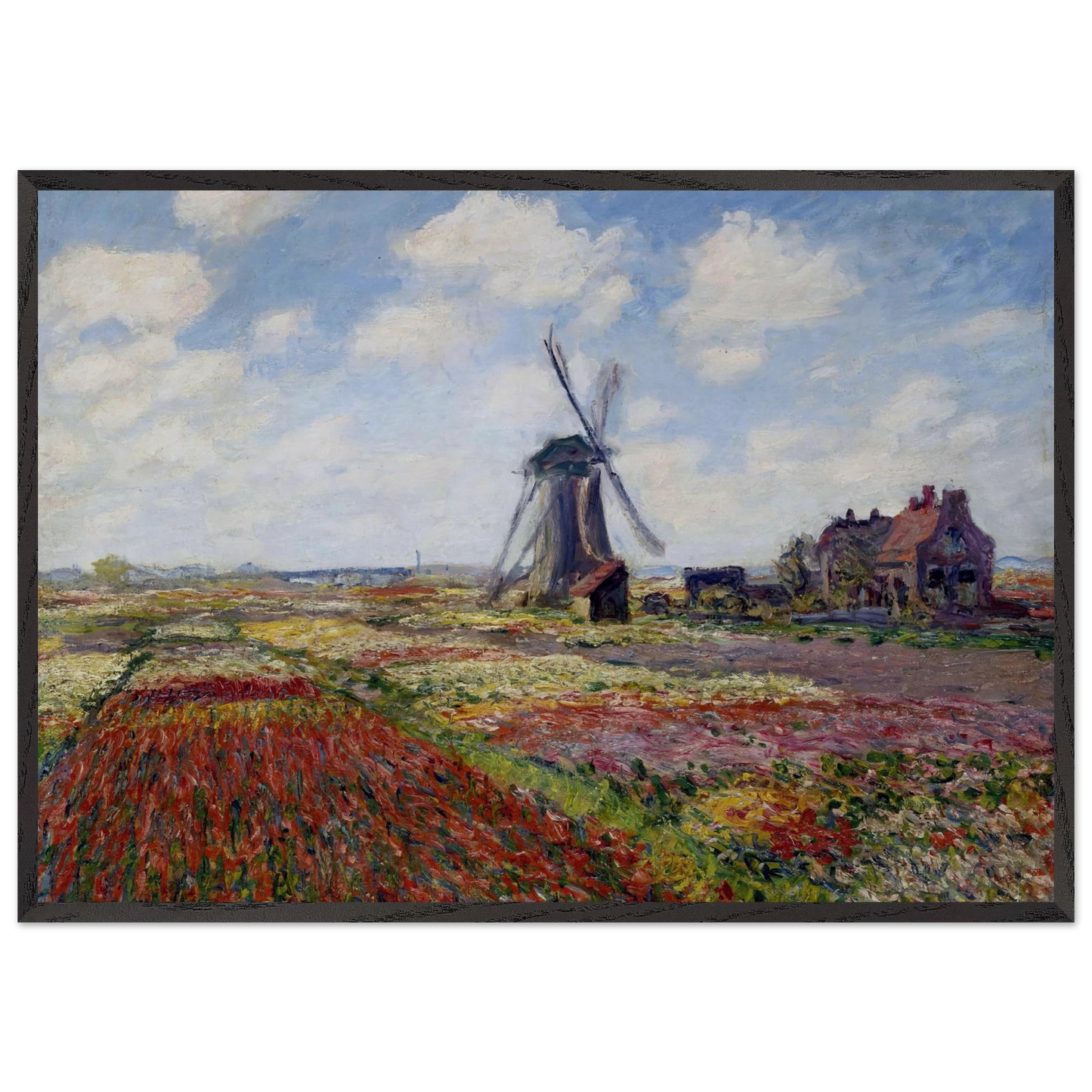Fields of Tulip With The Rijnsburg Windmill - claude monet 70x100 cm / 28x40 inches Framed Art Print – Black Wooden Frame