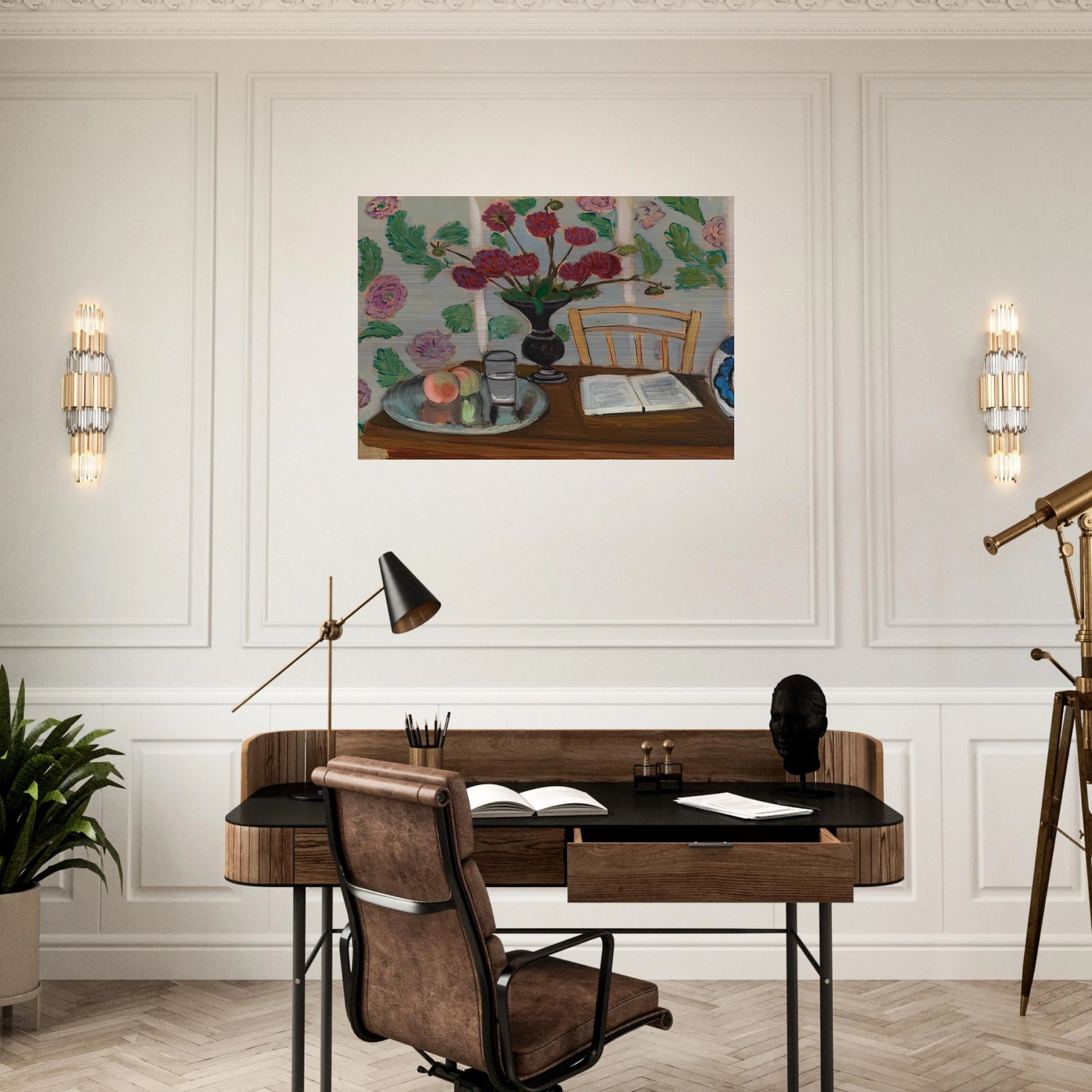 STILL LIFE BOUQUET OF DAHLIAS AND WHITE BOOK 1923 - Henri Matisse Brushed Aluminum Print - 70x100 cm / 28x40 inches | Henri Matisse Aluminum Print | Henri Matisse Prints
