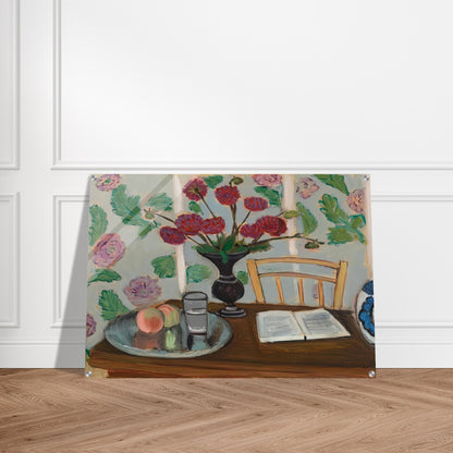 STILL LIFE BOUQUET OF DAHLIAS AND WHITE BOOK 1923 - Henri Matisse Acrylic Print - 70x100 cm / 28x40″ inches | Henri Matisse Wall Art | Henri Matisse Prints