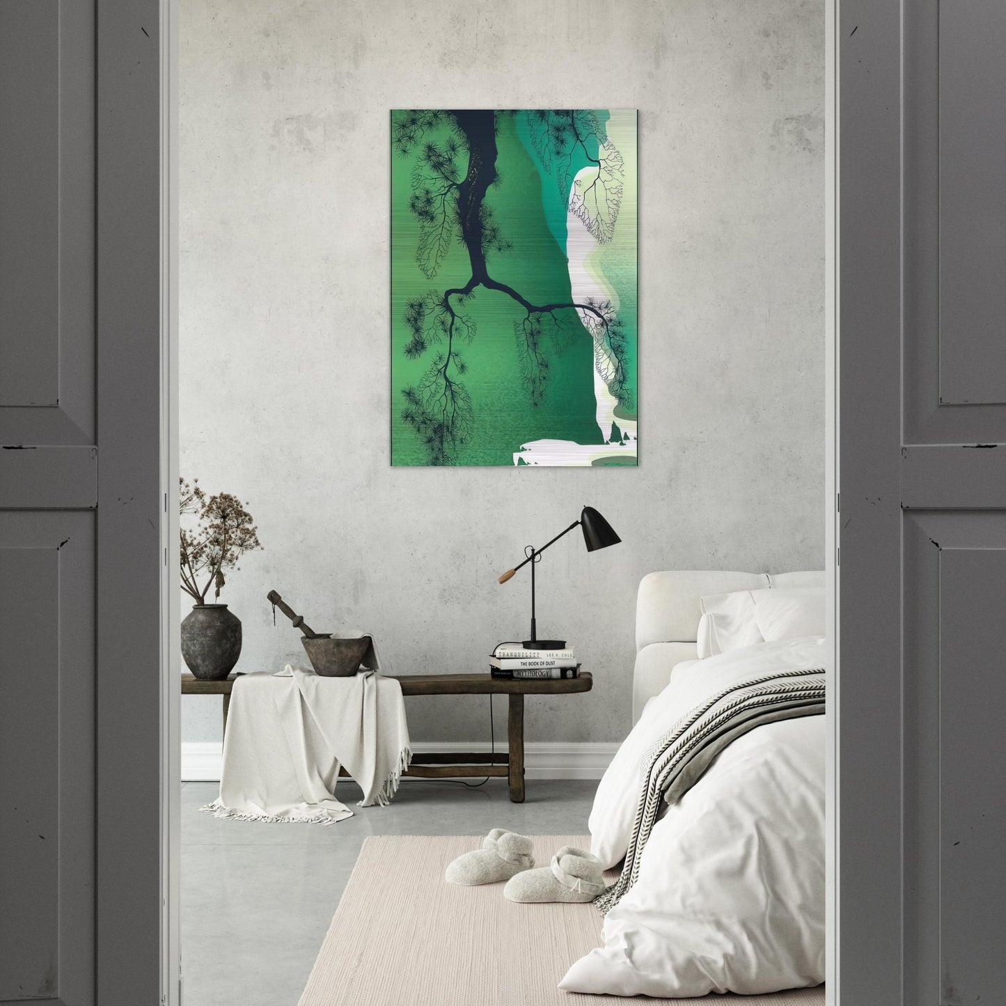 Sea Cliffs and Pine Branch - Eyvind Earle Brushed Aluminum Print - 70x100 cm / 28x40 inches | Eyvind Earle Aluminum Print | Eyvind Earle Prints