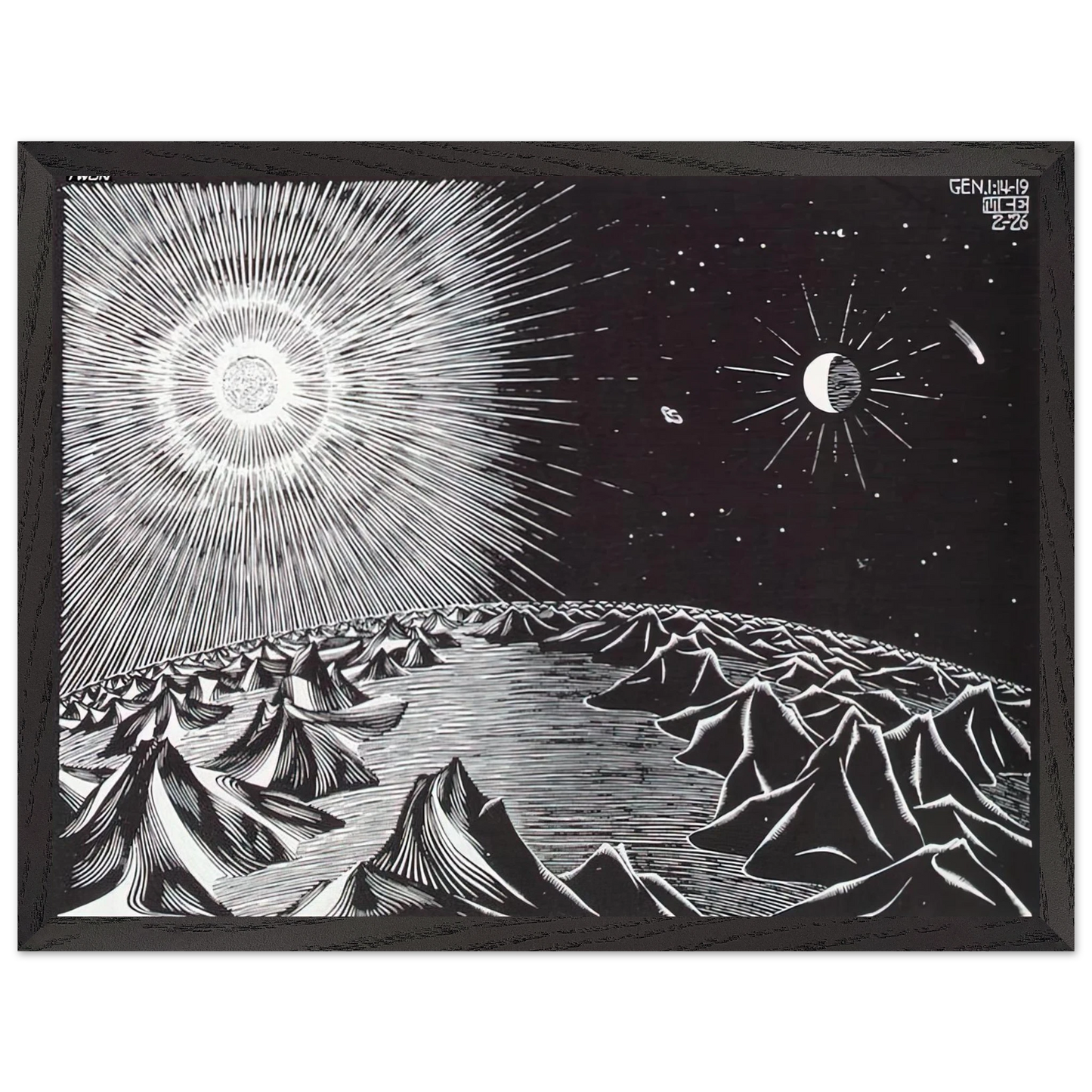 MC Escher - THE 4TH DAY OF THE CREATION Wall Art - 60x80 cm / 24x32 inches - Premium Wooden Framed Poster With Fine Art Paper-canvas - White frame