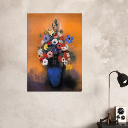 MINOSAS ANEMONIES AND LEAVES IN A BLUE VASE - Odilon Redon Brushed Aluminum Print - 70x100 cm / 28x40 inches | Odilon Redon Aluminum Print | Odilon Redon Prints